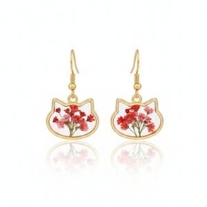 🆕️ Artisan With Real Floral & Resin Floral Cat-Shaped Gold Earrings